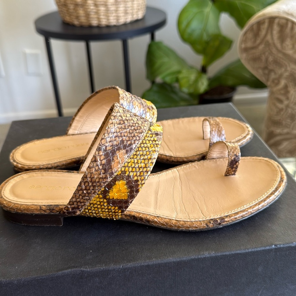 Sergio Rossi Snakeskin Flat Sandals. Size 8.